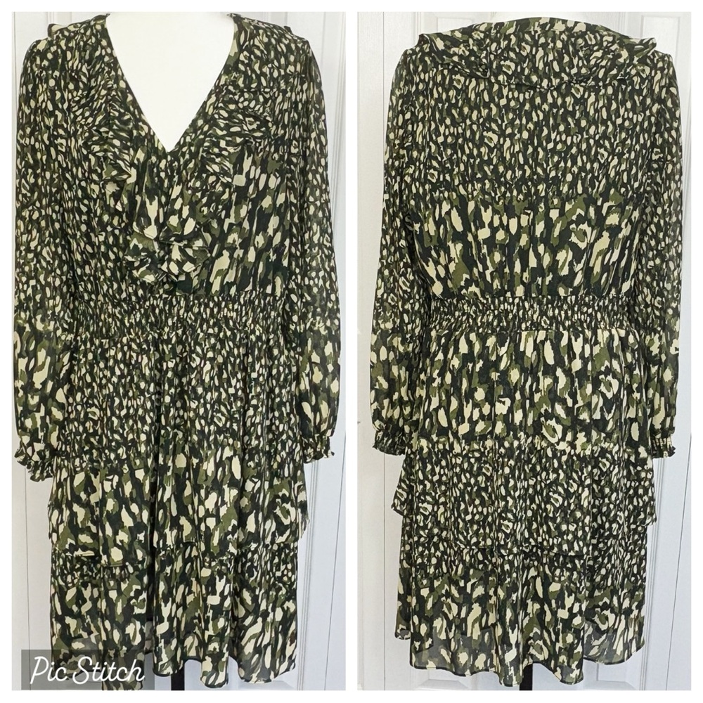 Dex Olive Green Multi Print Ruffle V-Neck Smocked Long Sleeve Tiered Dress
